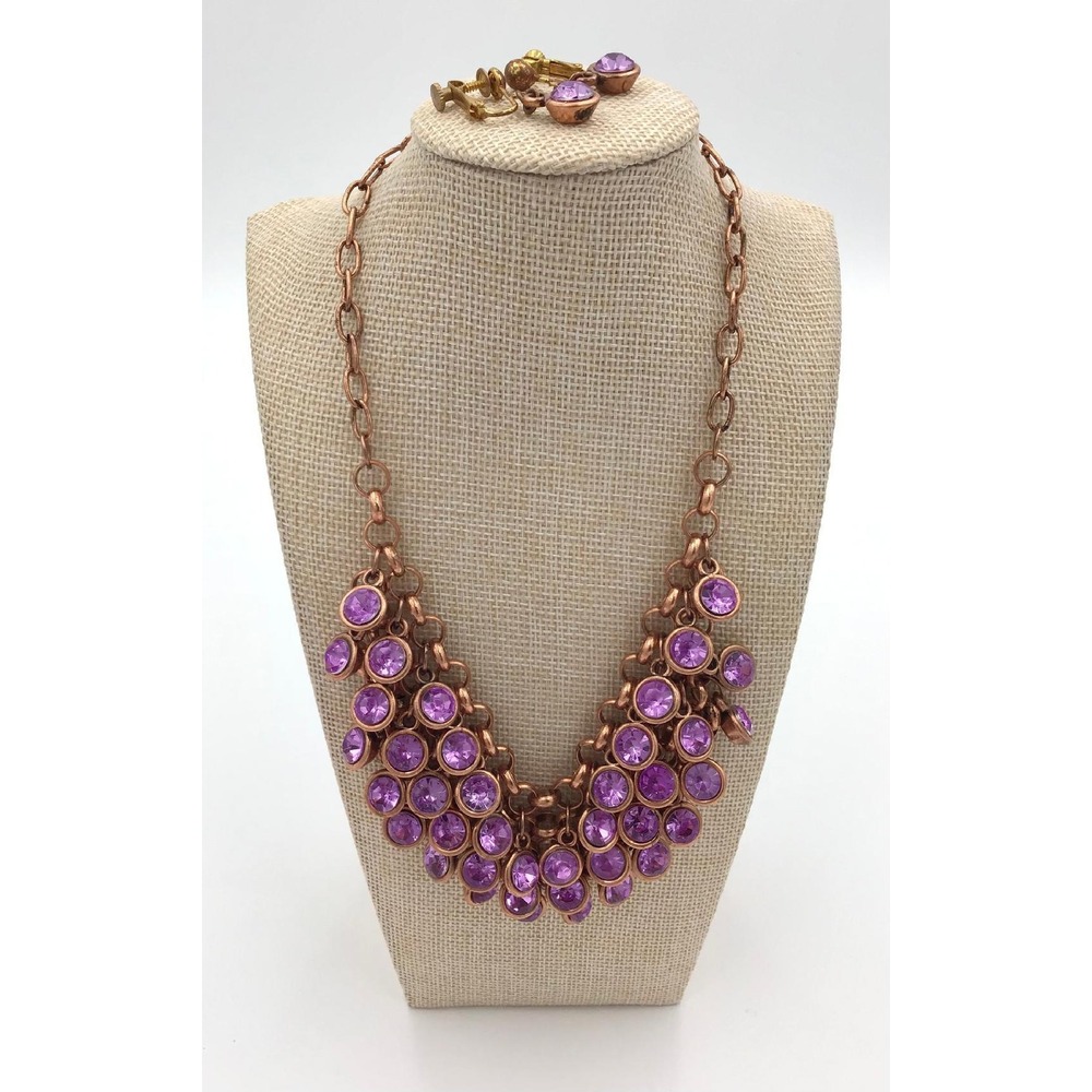 2028 Signed Purple Rhinestone Cluster Copper‎ Tone Bib Necklace & Earring Set